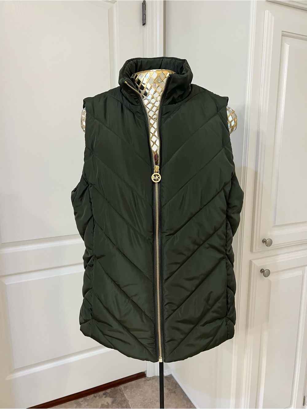 Michael Kors Dark Olive Quilted Puffer Vest with Gold Zip